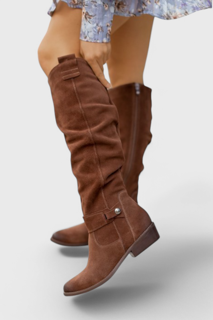 Harriet Voclaine | Tan Suede Knee-High Riding Boots