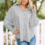 Eloise Vanbright | Oversized Blue Striped Button-Down Shirt with Smocked Cuffs