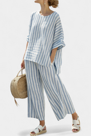 Beatrice Wyndvale | Blue Striped Linen Two-Piece Set with Wide-Leg Pants