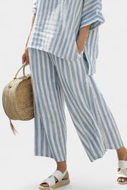 Beatrice Wyndvale | Blue Striped Linen Two-Piece Set with Wide-Leg Pants