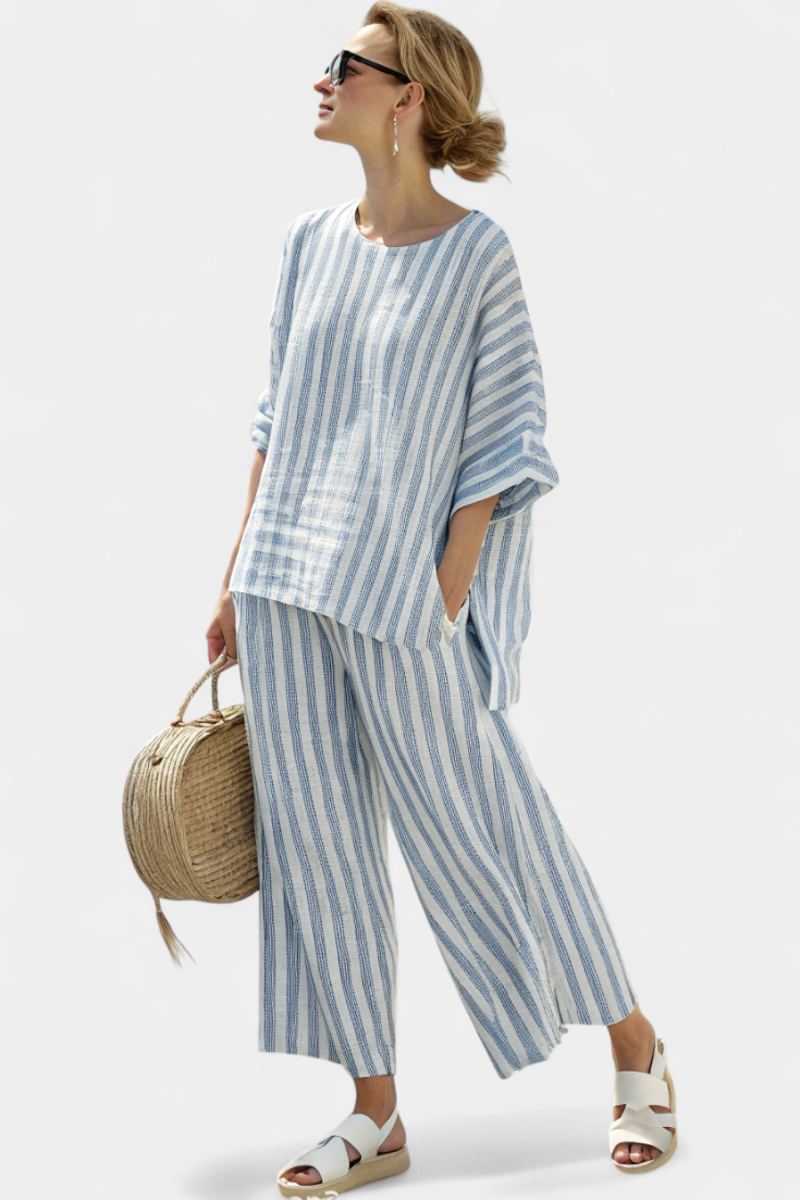 Beatrice Wyndvale | Blue Striped Linen Two-Piece Set with Wide-Leg Pants