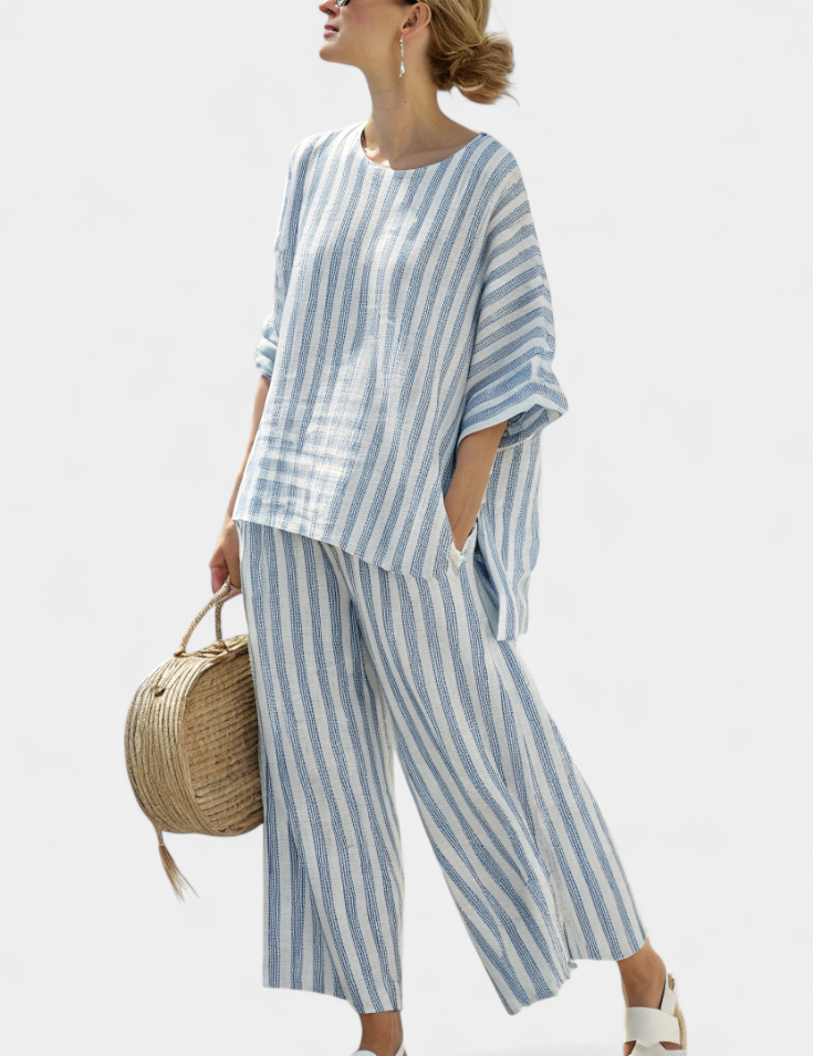 Beatrice Wyndvale | Blue Striped Linen Two-Piece Set with Wide-Leg Pants