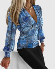 Genevra Blackthorn | Geometric Print Deep V-Neck Wrap Top