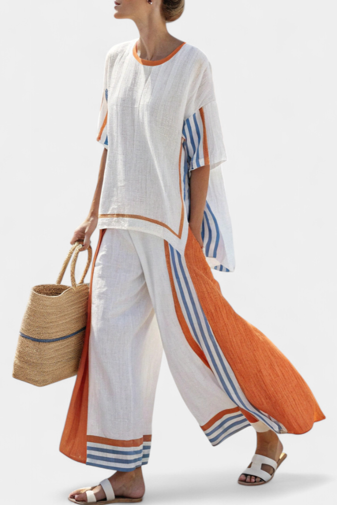 Vivienne Castellane | White Striped Linen Wide-Leg Pants & Top Set
