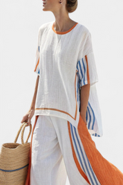 Vivienne Castellane | White Striped Linen Wide-Leg Pants & Top Set