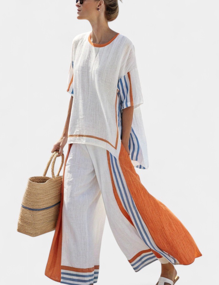 Vivienne Castellane | White Striped Linen Wide-Leg Pants & Top Set