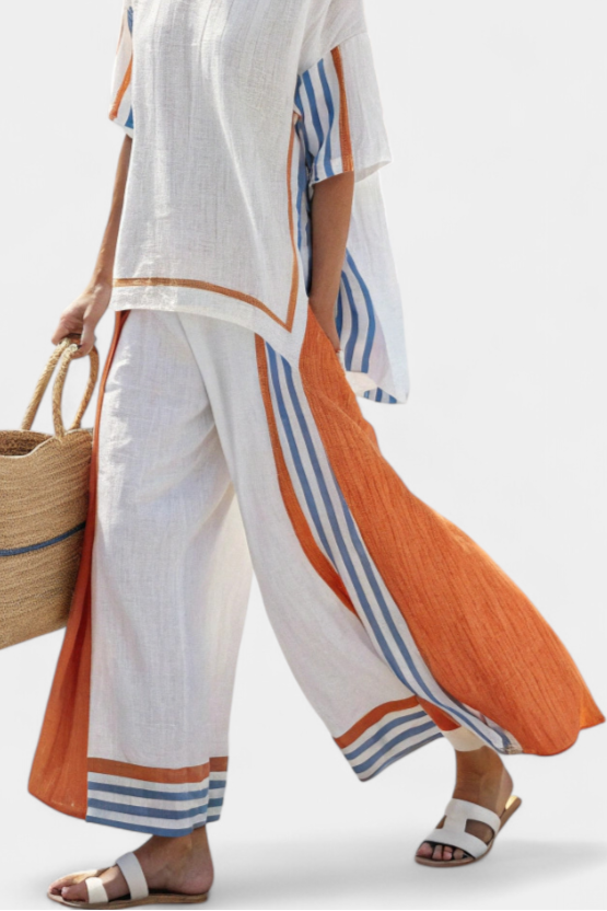 Vivienne Castellane | White Striped Linen Wide-Leg Pants & Top Set