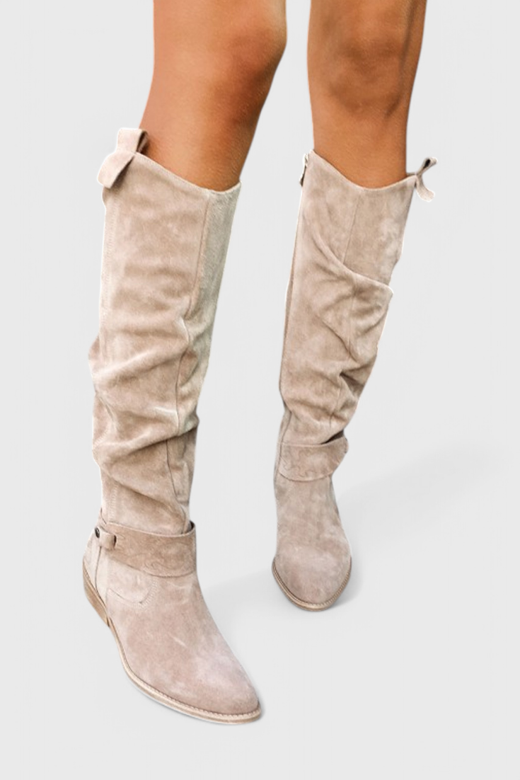 Harriet Voclaine | Tan Suede Knee-High Riding Boots