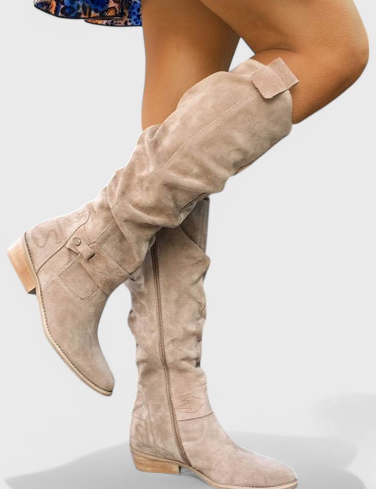 Harriet Voclaine | Tan Suede Knee-High Riding Boots