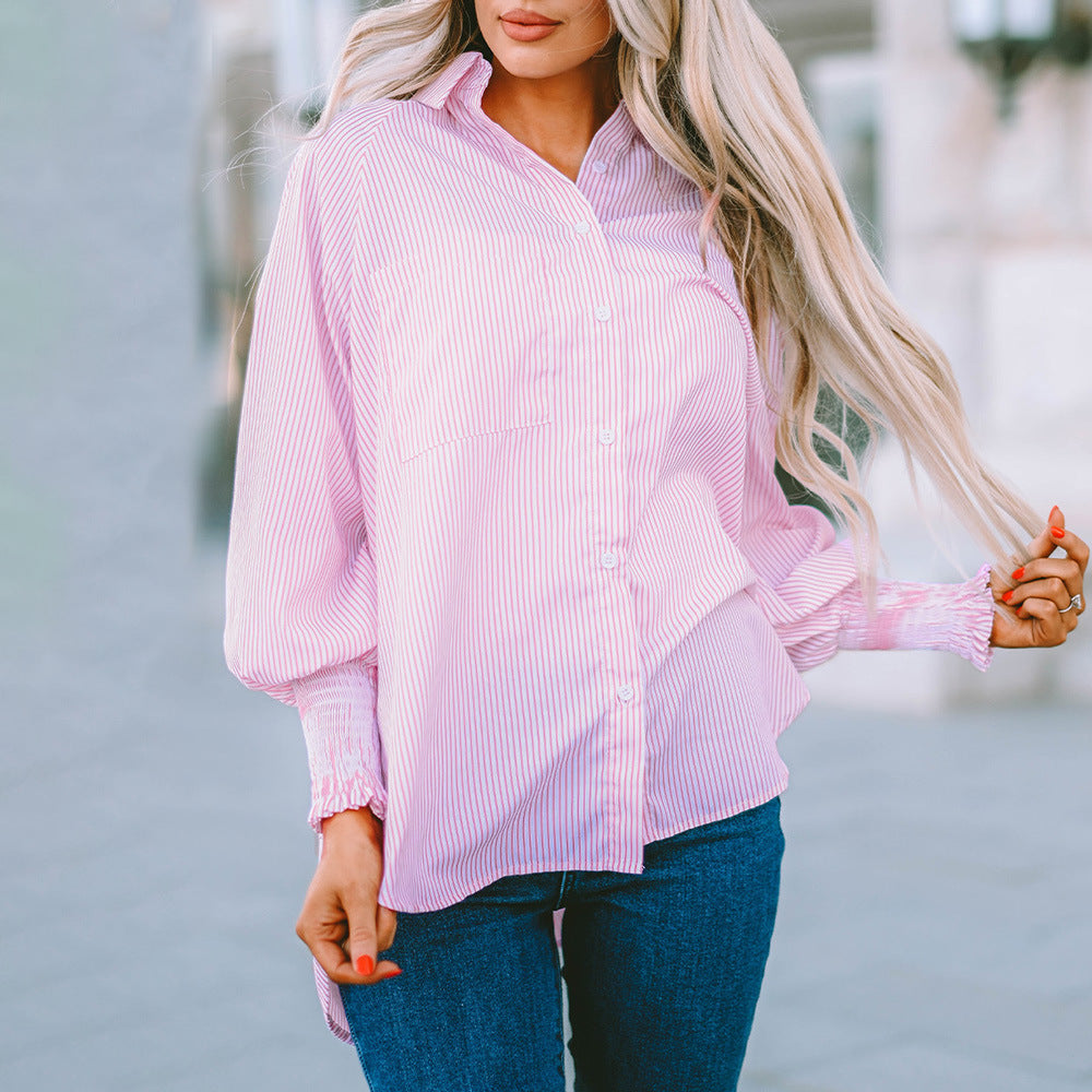 Eloise Vanbright | Oversized Blue Striped Button-Down Shirt with Smocked Cuffs