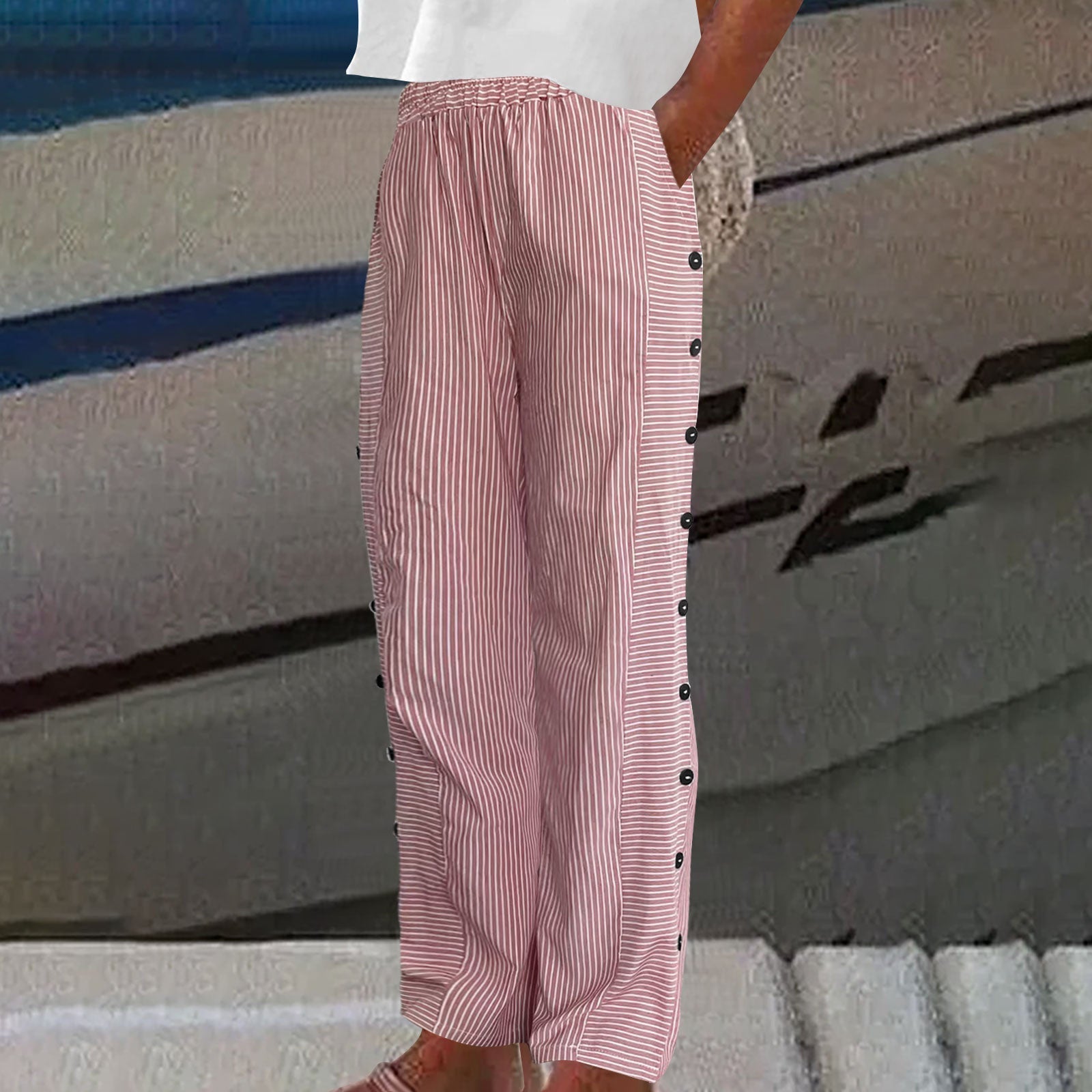 Vivienne Strandmore | Striped Linen-Cotton Button-Accent Trousers