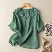 Clarinda Beausoleil | Green Linen Blouse with Scalloped Peter Pan Collar