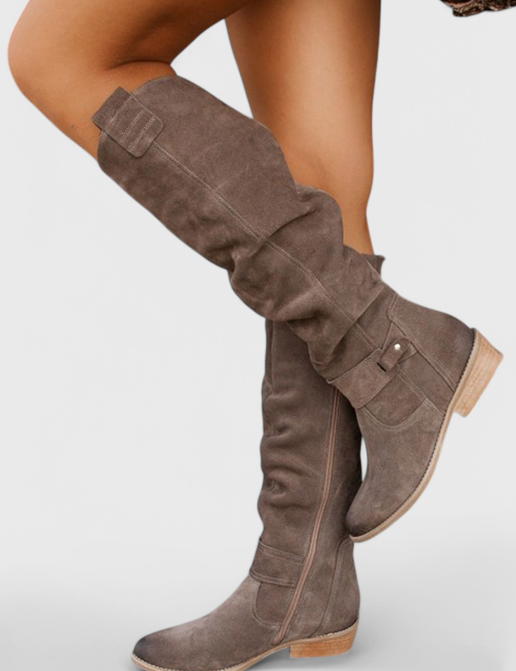 Harriet Voclaine | Tan Suede Knee-High Riding Boots