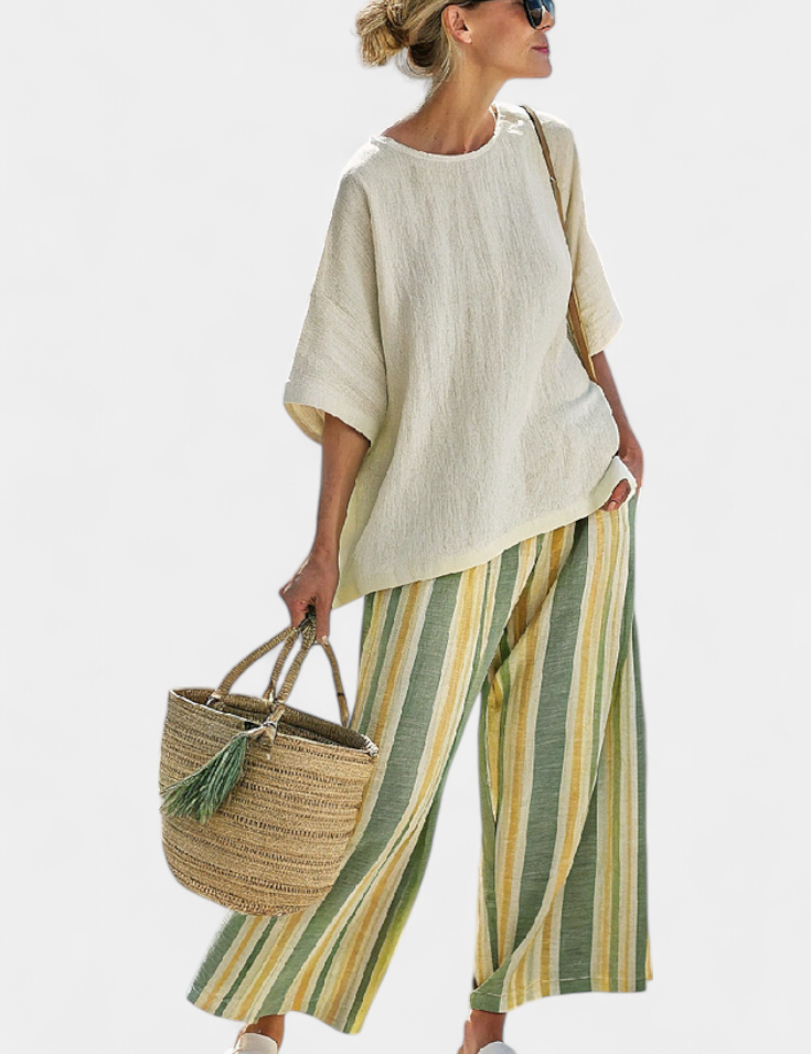 Aurelie Rensworth | Linen Two-Piece Top & Striped Wide-Leg Pants Set