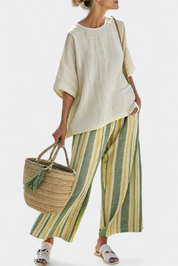 Aurelie Rensworth | Linen Two-Piece Top & Striped Wide-Leg Pants Set