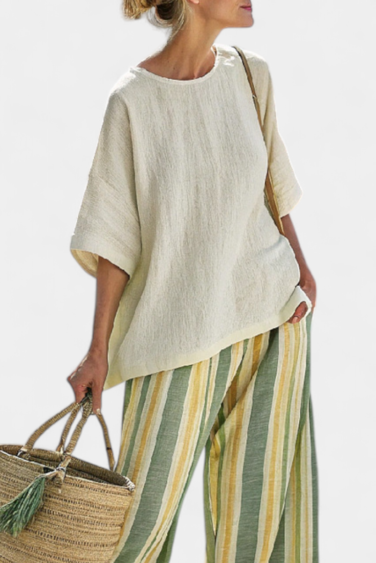 Aurelie Rensworth | Linen Two-Piece Top & Striped Wide-Leg Pants Set