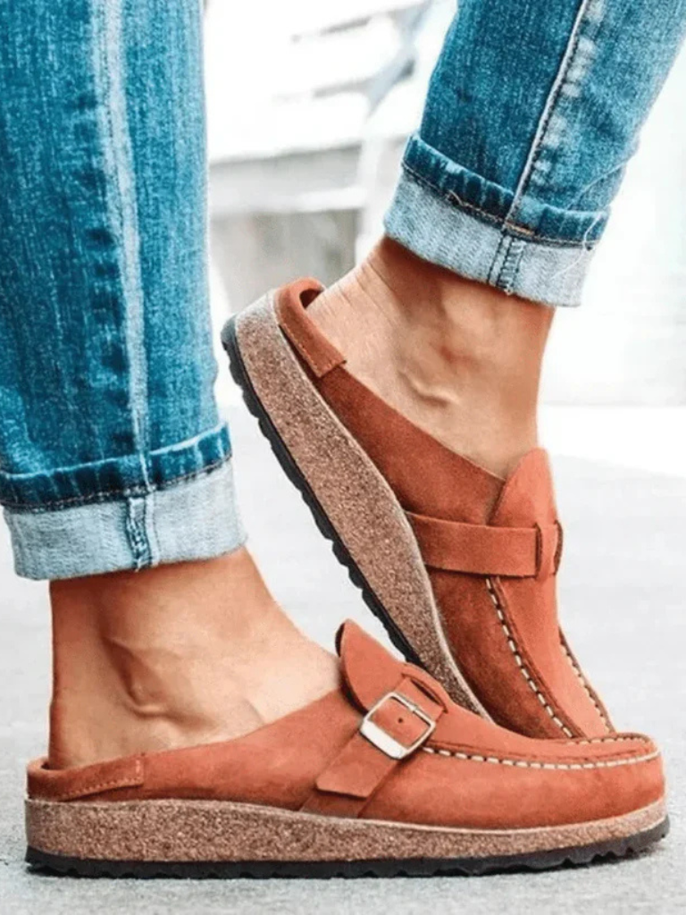 Elodie Carmichael | Suede Buckle Comfort Clogs in Sage Green