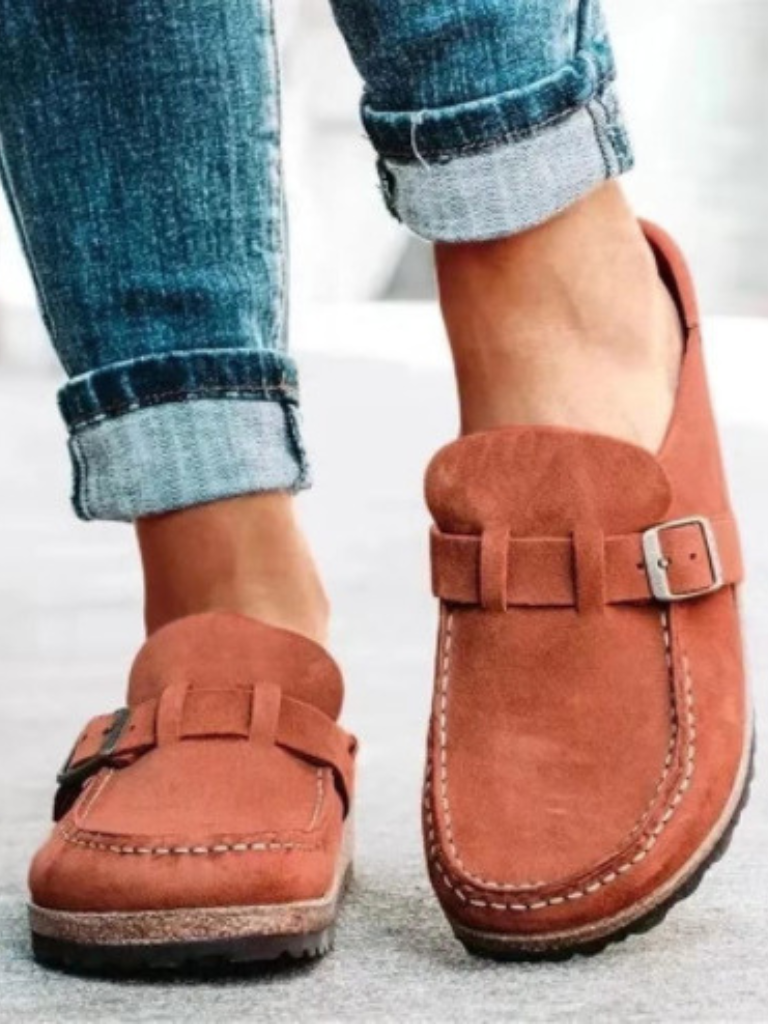 Elodie Carmichael | Suede Buckle Comfort Clogs in Sage Green