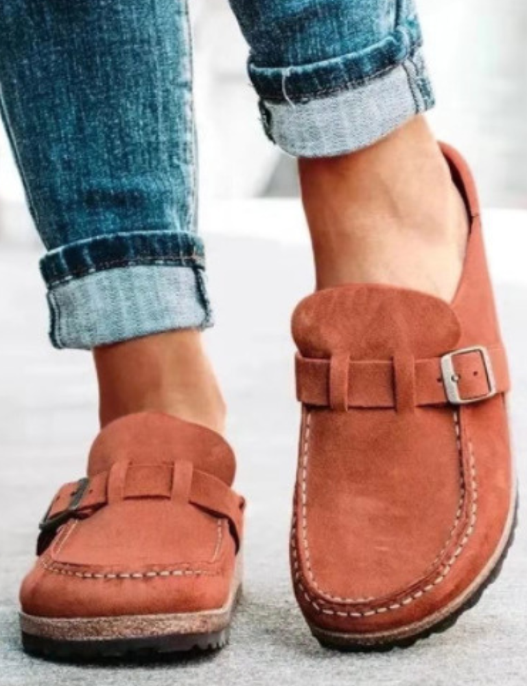 Elodie Carmichael | Suede Buckle Comfort Clogs in Sage Green