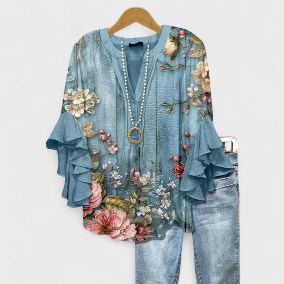 Olivia Baker | Light Blue Floral Ruffle Sleeve Blouse For Women