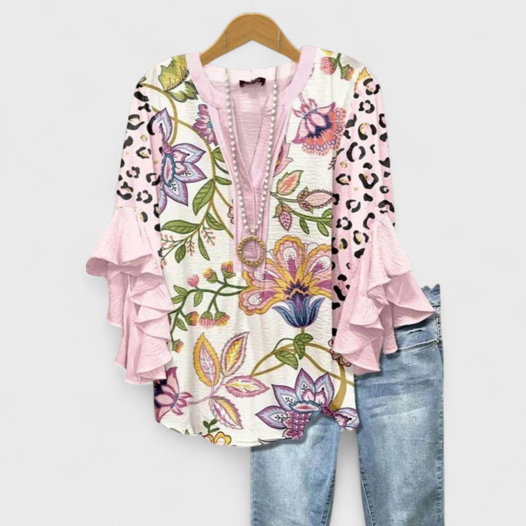 Olivia Baker | Light Blue Floral Ruffle Sleeve Blouse For Women