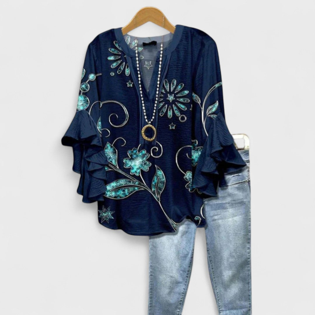 Olivia Baker | Light Blue Floral Ruffle Sleeve Blouse For Women