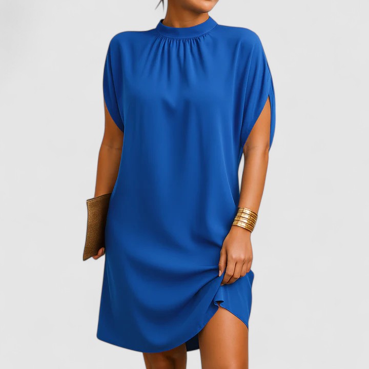 Elienne Voscourt | Pink Mock Neck Batwing Split Sleeve Midi Dress