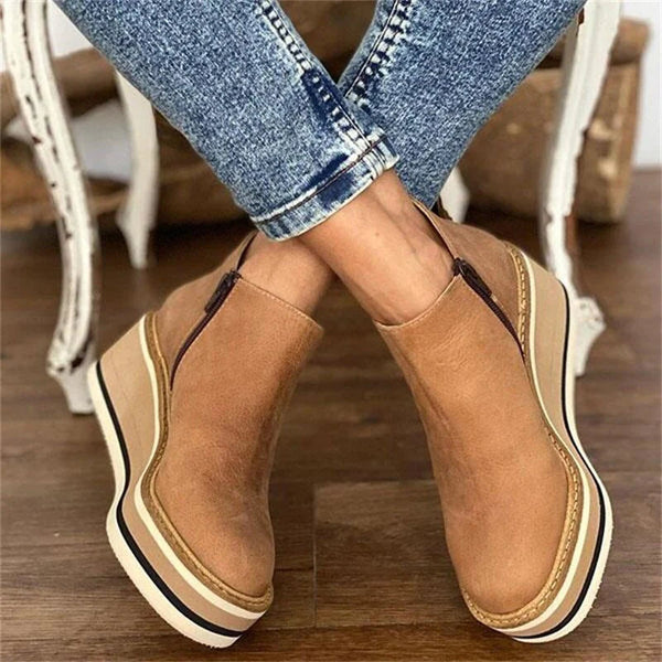 Elara Pembrooke | Tan Platform Wedge Ankle Boots with Side Zipper