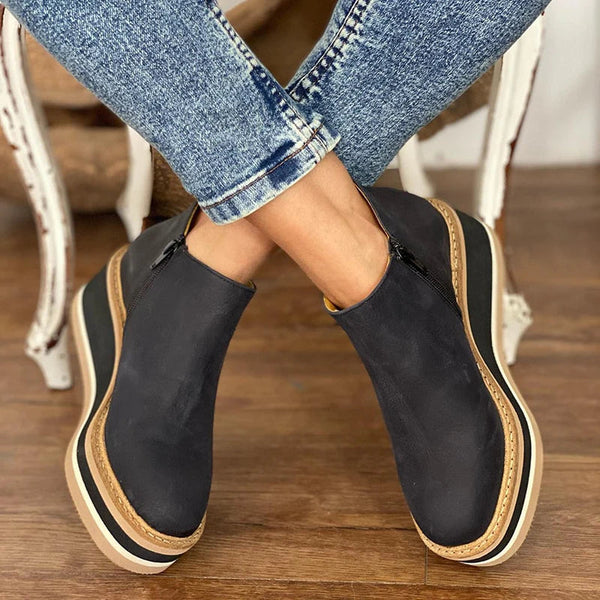Elara Pembrooke | Tan Platform Wedge Ankle Boots with Side Zipper
