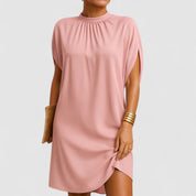 Elienne Voscourt | Pink Mock Neck Batwing Split Sleeve Midi Dress