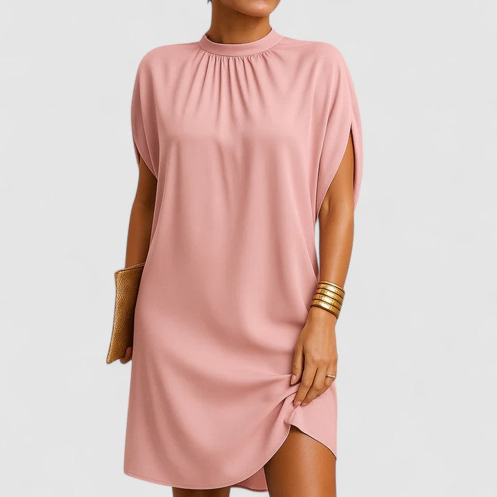 Elienne Voscourt | Pink Mock Neck Batwing Split Sleeve Midi Dress