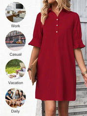 Cecile Wrenthorpe | Black Button-Down Shirt Dress with 3/4 Sleeves