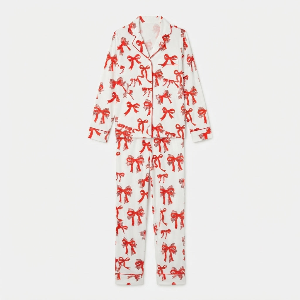 Ribbon Wish | Red Bow Print Christmas Pyjamas For Women