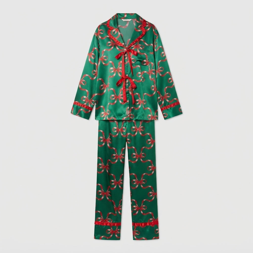 Ribbon Cheer | Green Bow Print Christmas Pyjamas For Women
