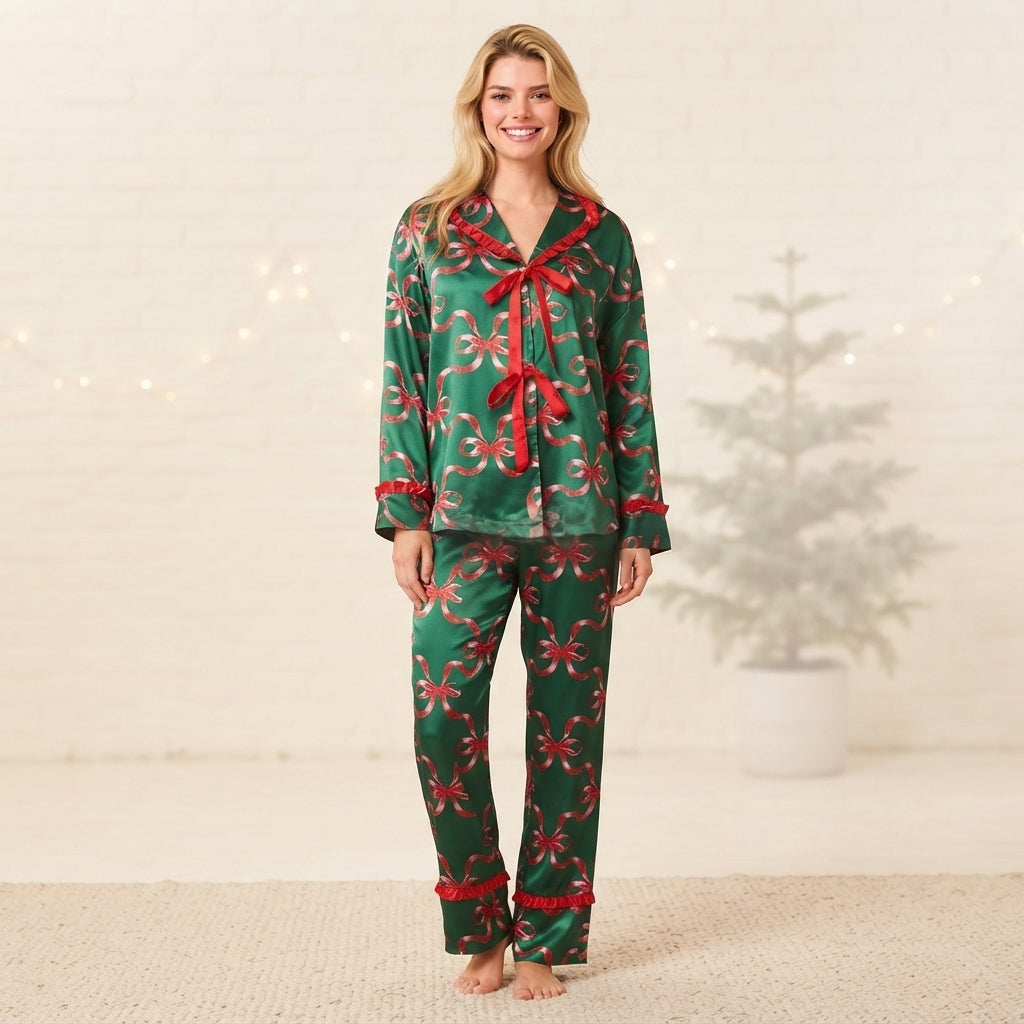 Ribbon Cheer | Green Bow Print Christmas Pyjamas For Women