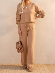 Elaine Vauclair | Cropped Sweatshirt & Wide-Leg Pants Lounge Set in Camel