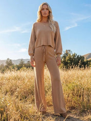 Elaine Vauclair | Cropped Sweatshirt & Wide-Leg Pants Lounge Set in Camel