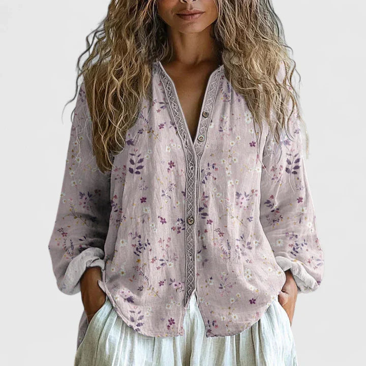 Violaine Charpentier | Boho Floral Print Long Sleeve Blouse in Green