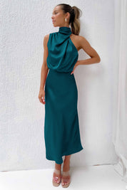Seraffina Wolvecourt | Sage Green Satin Halter Midi Dress