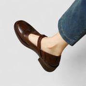 Celestine Browning | Cream Leather T-Strap Brogue Mary Jane Flats