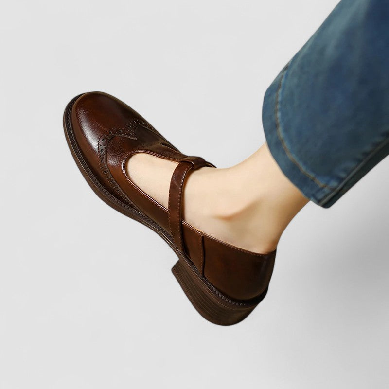 Celestine Browning | Cream Leather T-Strap Brogue Mary Jane Flats