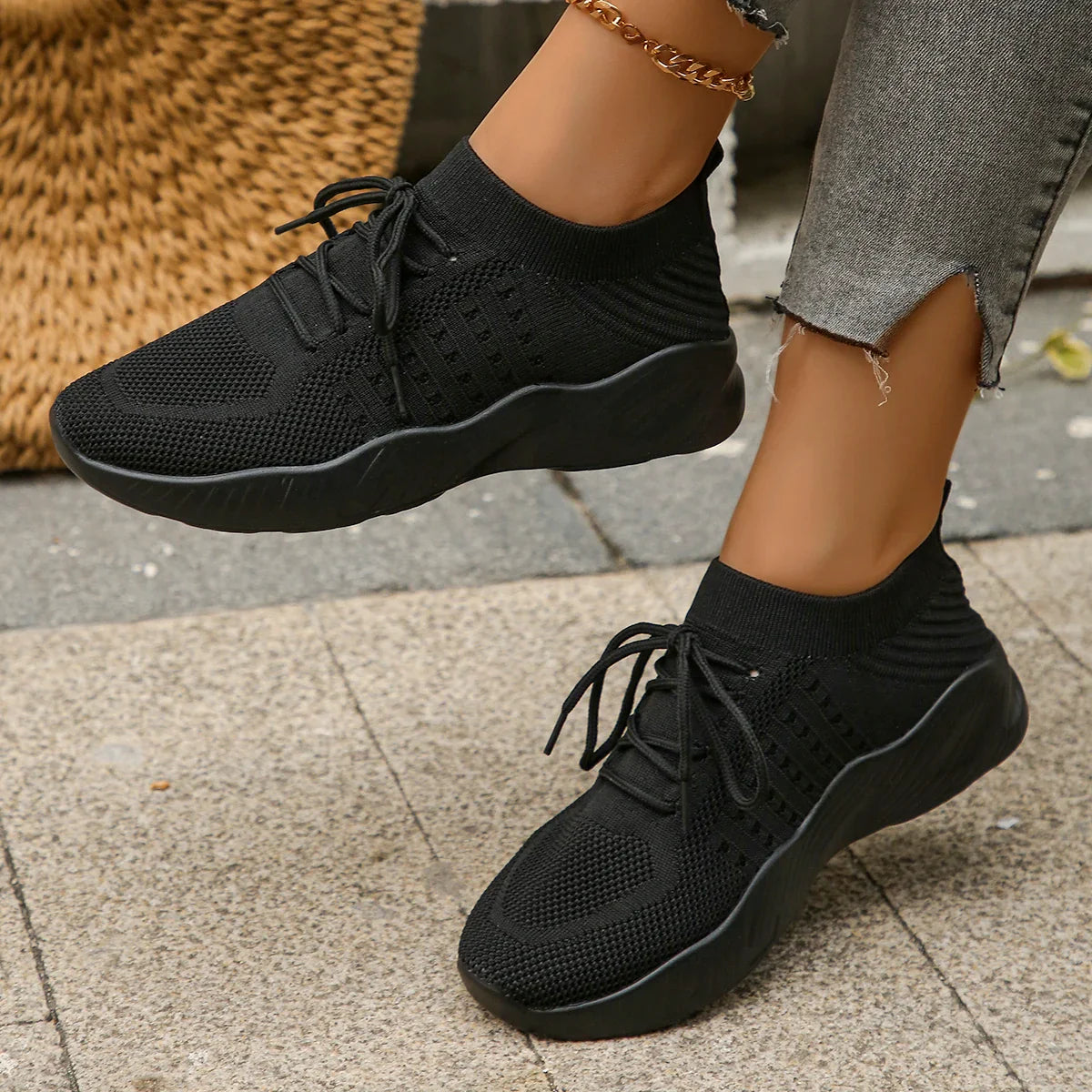 Emmeline Vaudreau | Beige Knit Lace-Up Sneakers for Women