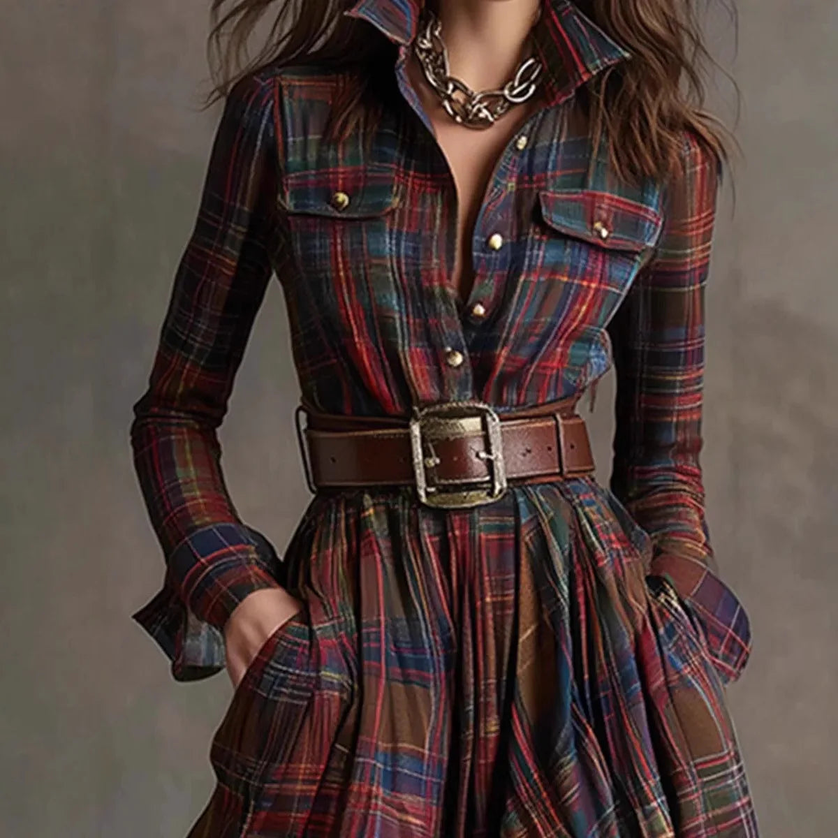Isadora Pembridge | Tartan Plaid Maxi Shirt Dress with Belt