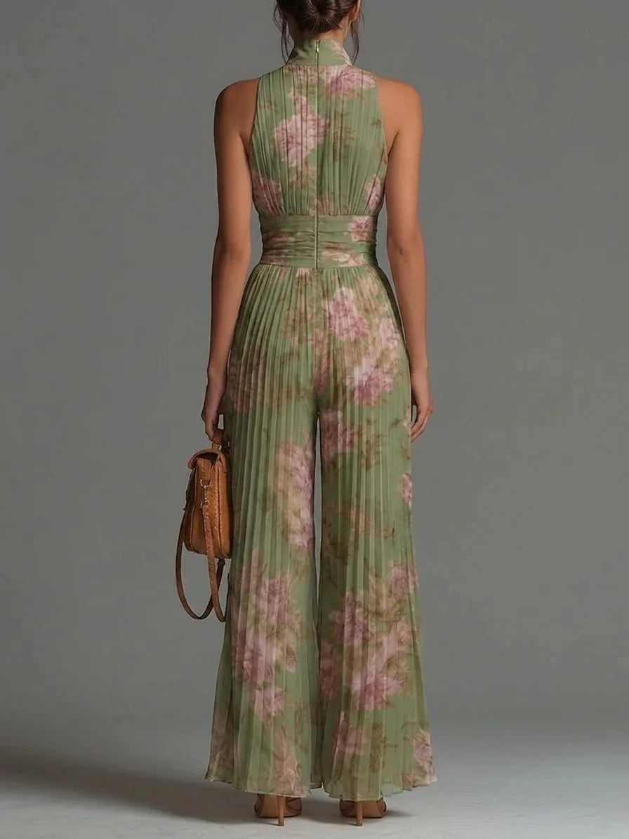 Hannah Clark | Floral Pleated Wide Leg Halter Jumpsuit For Women