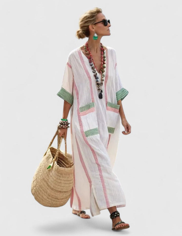 Coralie Deschambault | V-Neck Kaftan Maxi Dress with Stripe Detail