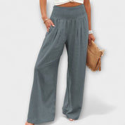 Marguerite Soleil | Coral Wide-Leg Linen Pants with Smocked Waist