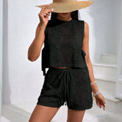 Lucia Ferrano | Crochet Hollow Knit Crop Top & Shorts Two-Piece Set For Women