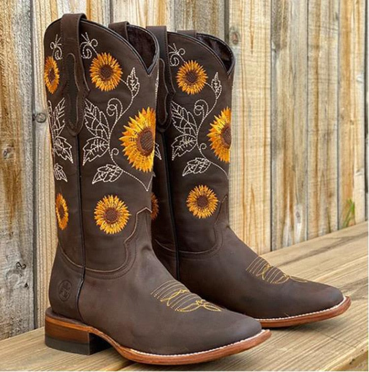 Sunny Delacroix | Sunflower Embroidered Cowboy Knee-High Boots For Women