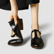 Celestine Browning | Cream Leather T-Strap Brogue Mary Jane Flats