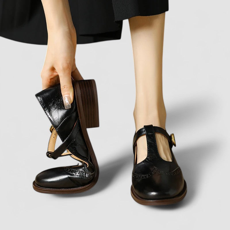 Celestine Browning | Cream Leather T-Strap Brogue Mary Jane Flats